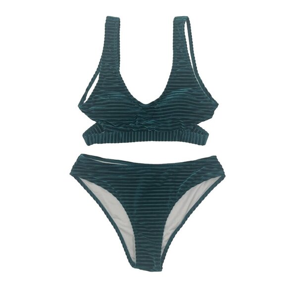 Cupshe Green Velvet Striped Bikini Swimsuit Sz Small NWT Jewel Tone Festival - Picture 1 of 7